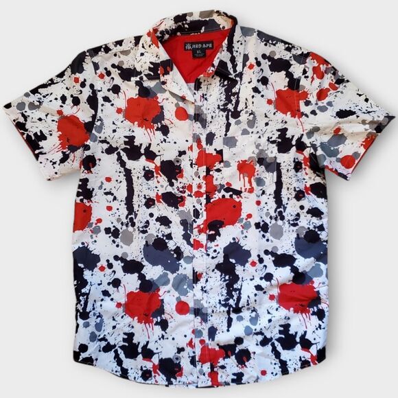 Red Ape Shirt‎ Mens XL Black Red White Splatter Print Pocket Classic Button-Up - Picture 1 of 10